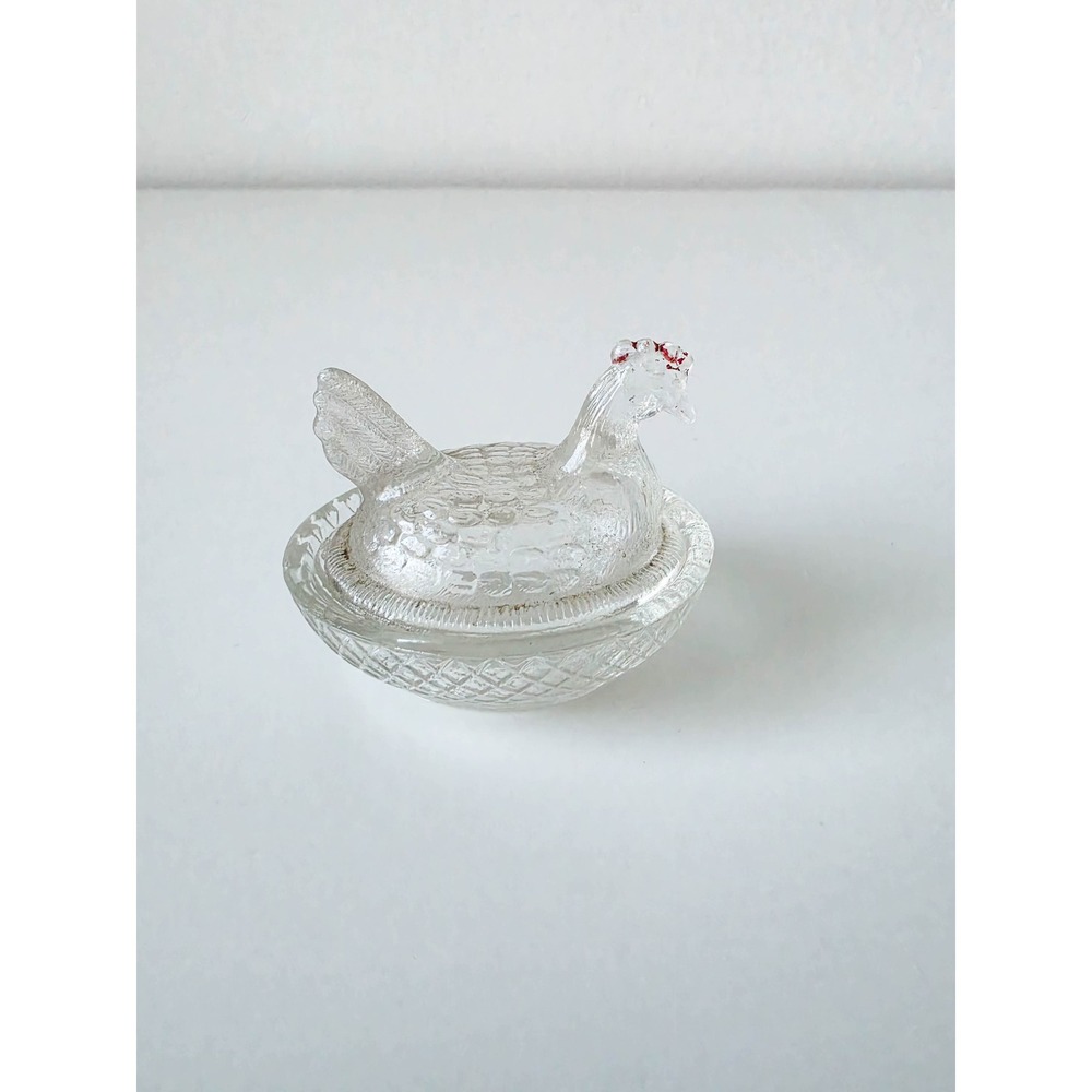 Vintage Miniature Clear Glass Hen on Nest Trinket Dish Red Comb 2.5 Inch Small